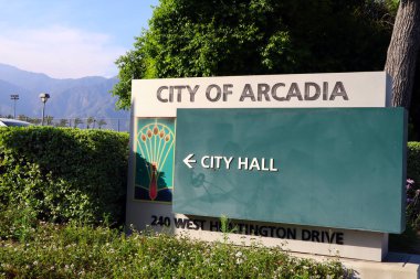 Arcadia, LA County, California - May 14, 2024: Arcadia City Hall indication sign located at 240 W Huntington Dr, Arcadia, CA clipart