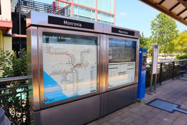 Monrovia, LA County, California - May 19, 2024: Los Angeles Metro Rail Information Panel at Monrovia Metro Rail A Line Station clipart