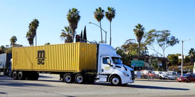 Los Angeles, Kaliforniya - 13 Ocak 2025: MSC Akdeniz Nakliye Birliği konteynırını San Pedro 'daki Los Angeles Limanı' na doğru taşıyan bir nakliye kamyonu