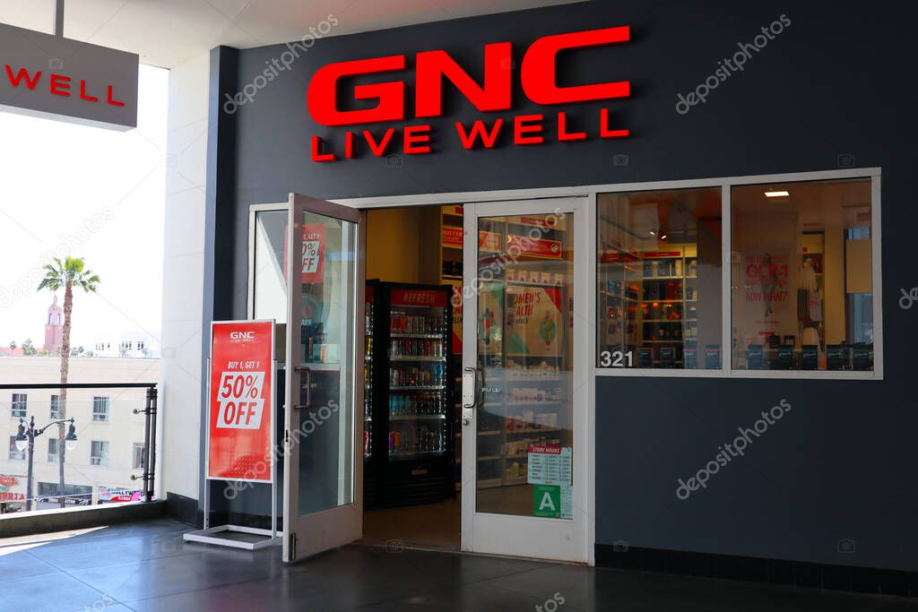 Hollywood, California - March 8, 2025: GNC General Nutrition Centers, American multinational retail and nutritional manufacturing company, sells protein powders and supplements to support fitness