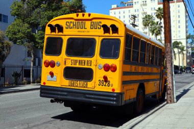 Los Angeles, Kaliforniya - 3 Mart 2025: Geleneksel bir Amerikan okul otobüsünün arka manzarası