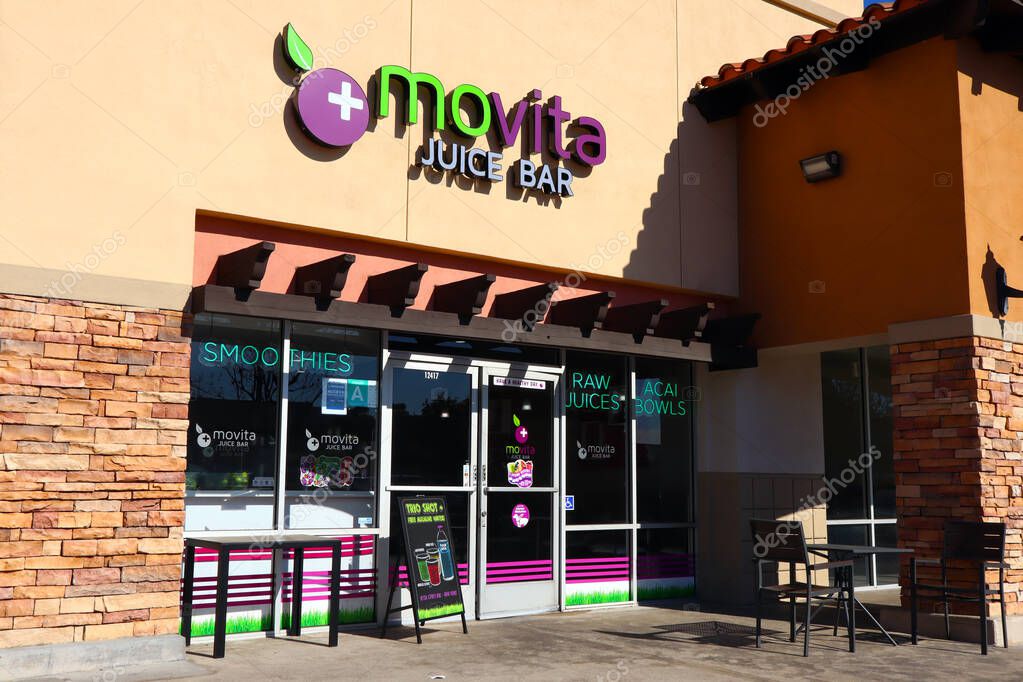 Norwalk, California - January 16, 2025: Movita Juice Bar, offering acai bowls, smoothies, fresh juices, and healthy snacks