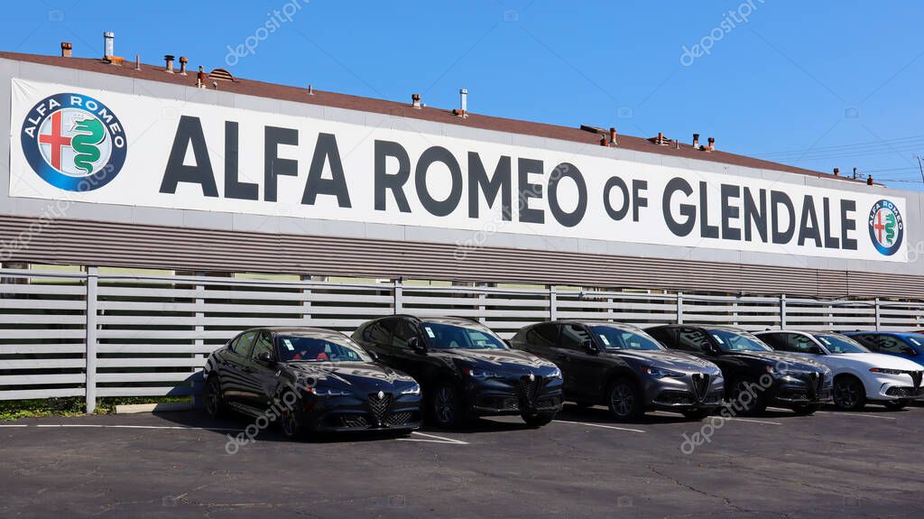 Glendale, California - March 8, 2025: Alfa Romeo Car Dealership Exterior, Stellantis Group