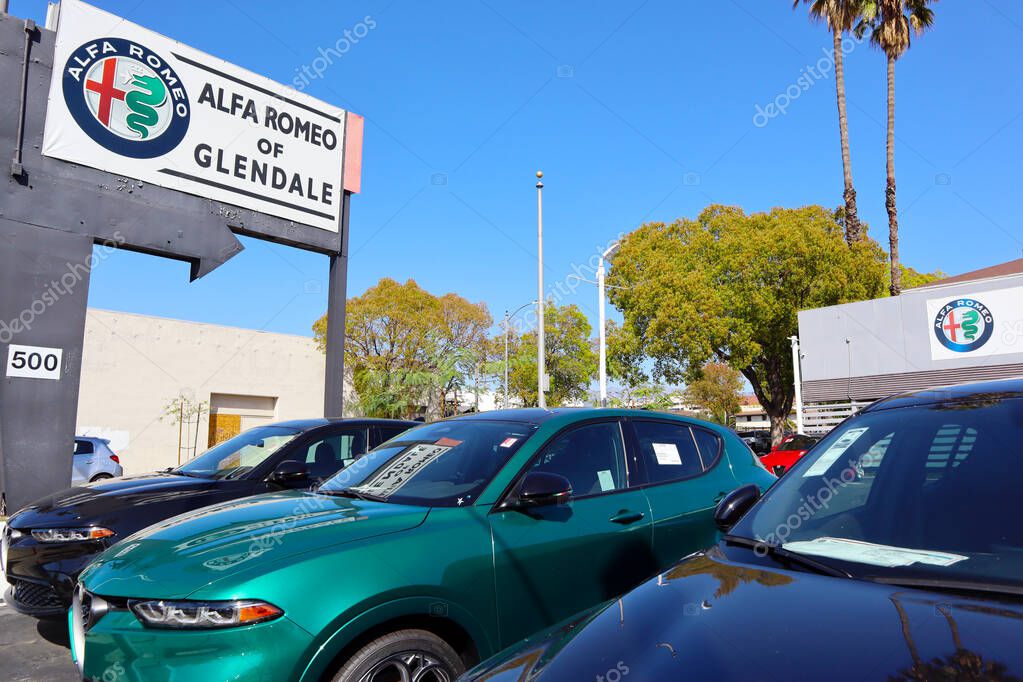 Glendale, California - March 8, 2025: Alfa Romeo Car Dealership Exterior, Stellantis Group