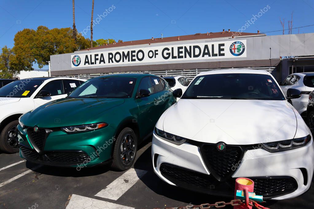 Glendale, California - March 8, 2025: Alfa Romeo Car Dealership Exterior, Stellantis Group