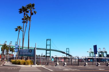 San Pedro, Port of Los Angeles, California - January 13, 2025: Entrance of Los Angeles Cruise Terminal with Vincent Thomas Bridge in Background