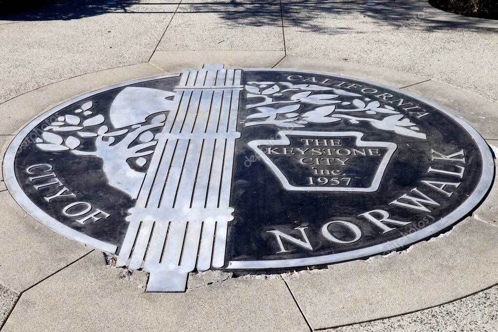 Norwalk, California - January 16, 2025: Metal Plaque with City of Norwalk Logo and Motto The Keystone City