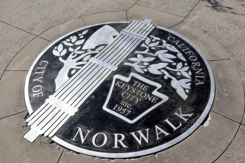 Norwalk, California - January 16, 2025: Metal Plaque with City of Norwalk Logo and Motto The Keystone City