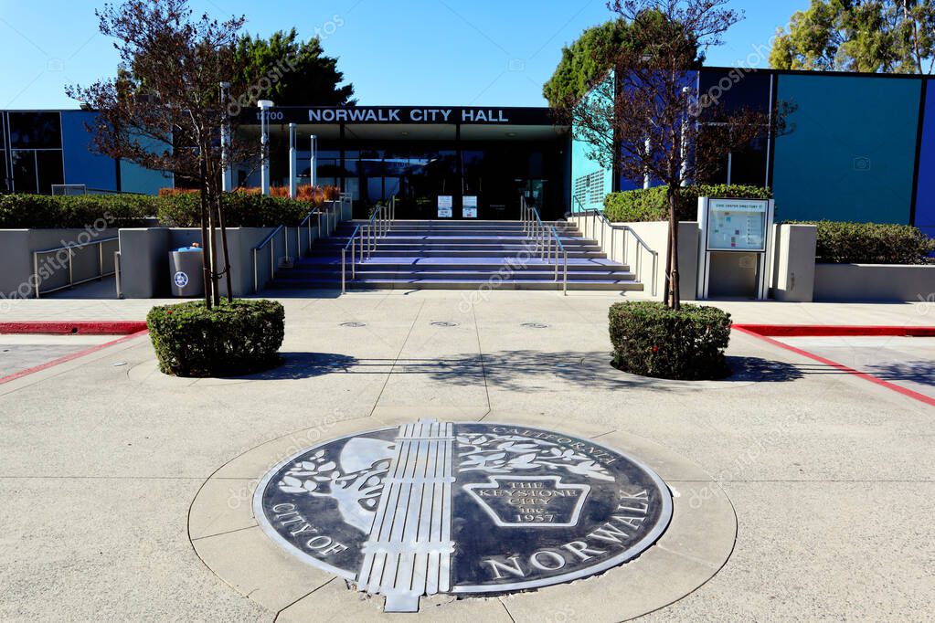 Norwalk, California - January 16, 2025: Metal Plaque with City of Norwalk Logo and Motto The Keystone City