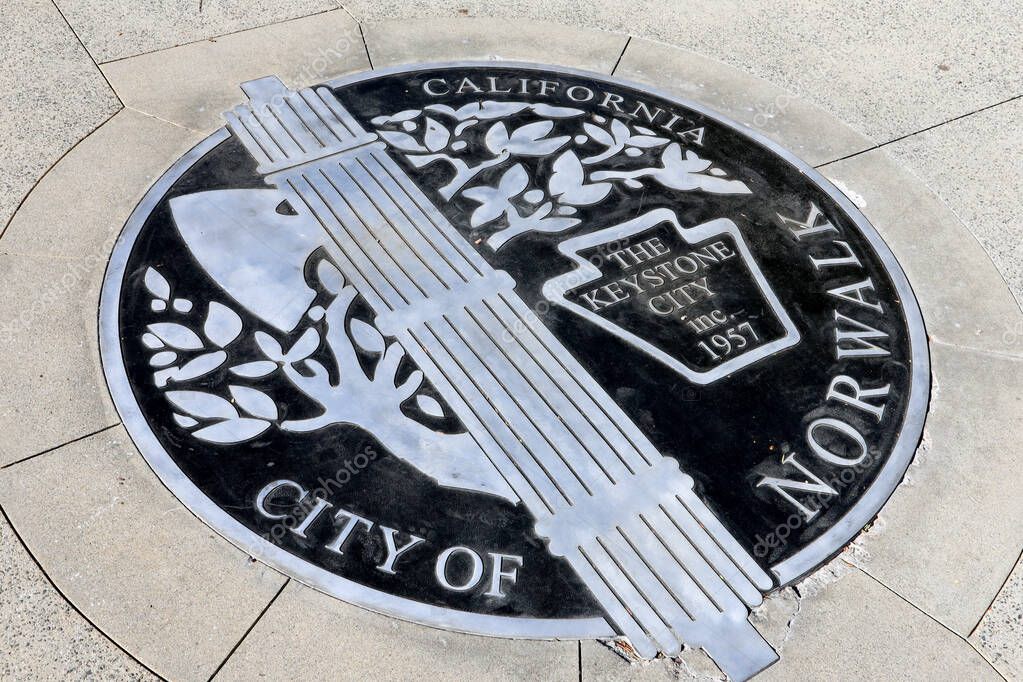Norwalk, California - January 16, 2025: Metal Plaque with City of Norwalk Logo and Motto The Keystone City