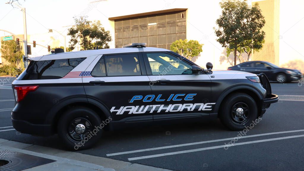 Hawthorne (LA County), California - January 18, 2025: Hawthorne Police Department Patrol Vehicle Parked Outside Station