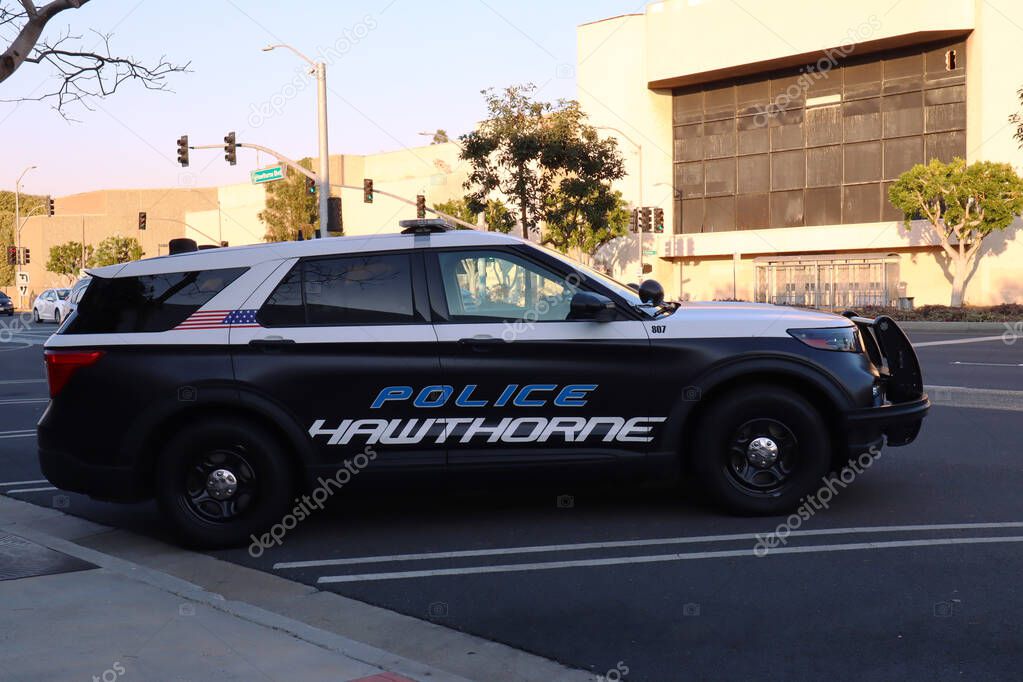 Hawthorne (LA County), California - January 18, 2025: Hawthorne Police Department Patrol Vehicle Parked Outside Station