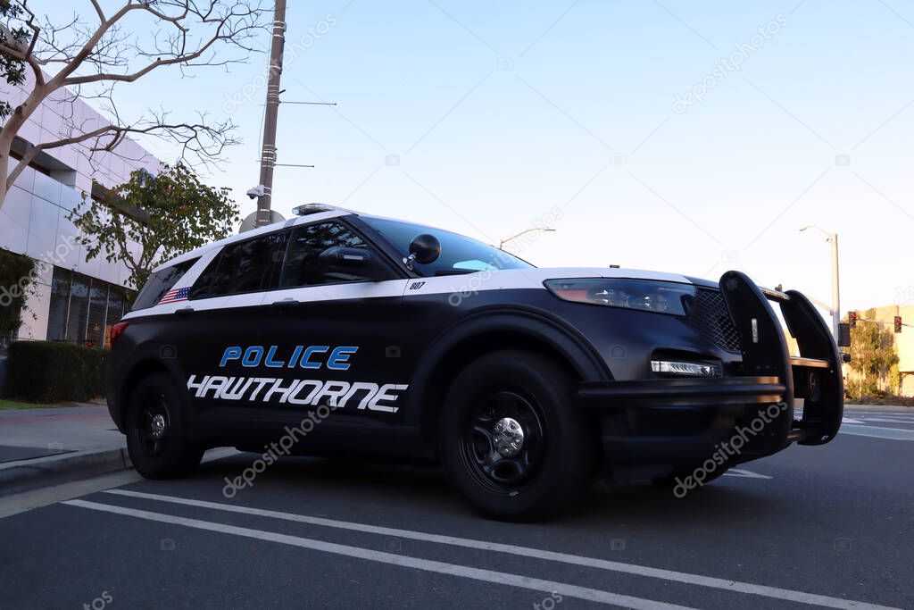 Hawthorne (LA County), California - January 18, 2025: Hawthorne Police Department Patrol Vehicle Parked Outside Station