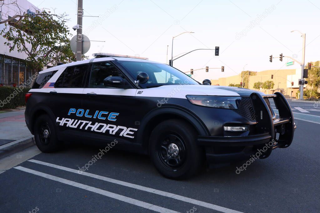 Hawthorne (LA County), California - January 18, 2025: Hawthorne Police Department Patrol Vehicle Parked Outside Station