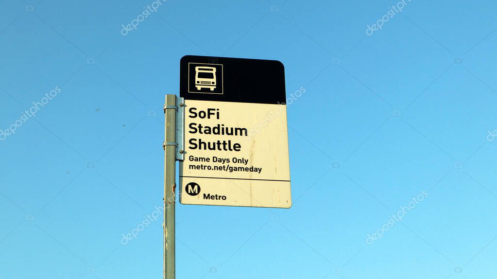 Los Angeles, California - January 18, 2025: LA Metro Bus Shuttle Stop Sign for SoFi Stadium Game Events