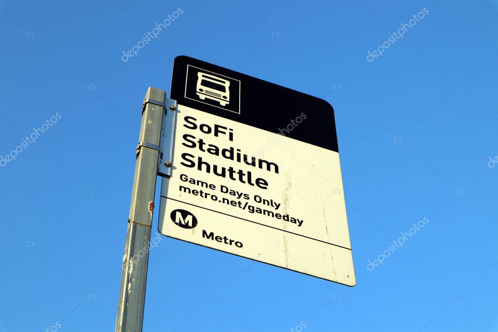 Los Angeles, California - January 18, 2025: LA Metro Bus Shuttle Stop Sign for SoFi Stadium Game Events
