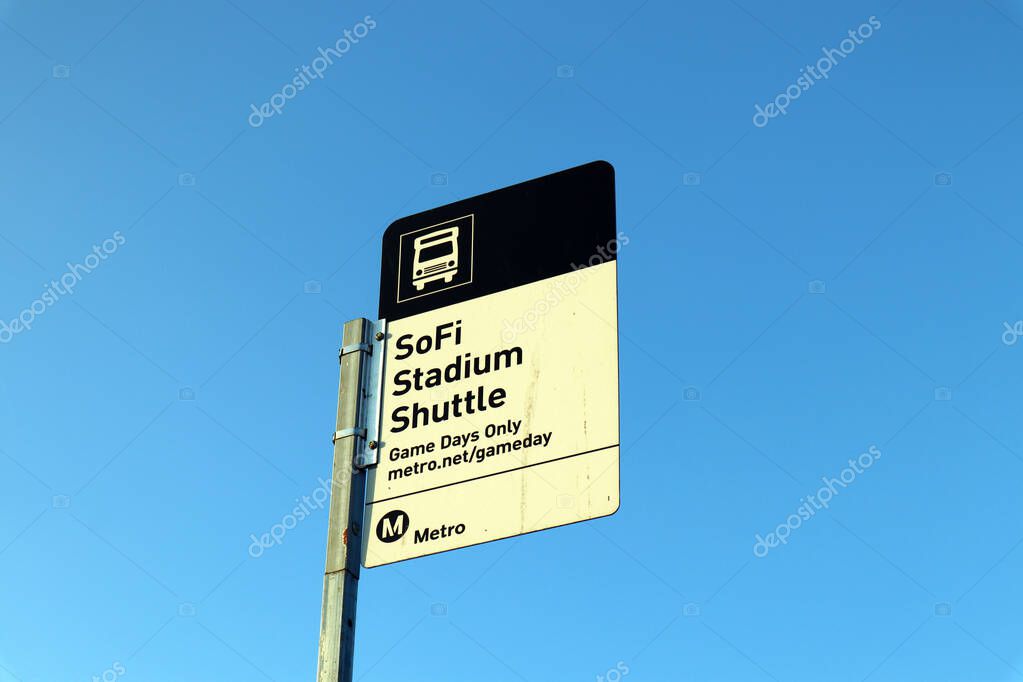 Los Angeles, California - January 18, 2025: LA Metro Bus Shuttle Stop Sign for SoFi Stadium Game Events
