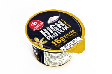 Rome, Italy -  September 27, 2025: Carrefour High Protein Yogurt, vanilla flavor with 15 grams of protein. Supermarket label product