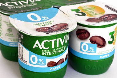 Rome, Italy -  September 27, 2025: Activia yogurt, coffee flavor, 0% fat, for intestinal balance