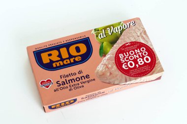 Rome, Italy - September 27, 2025: Rio Mare Steamed Salmon Fillet with Extra Virgin Olive Oil