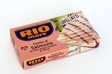 Rome, Italy - September 27, 2025: Rio Mare Grilled Salmon Fillet with Extra Virgin Olive Oil