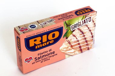 Rome, Italy - September 27, 2025: Rio Mare Grilled Salmon Fillet with Extra Virgin Olive Oil