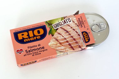 Rome, Italy - September 27, 2025: Rio Mare Grilled Salmon Fillet with Extra Virgin Olive Oil