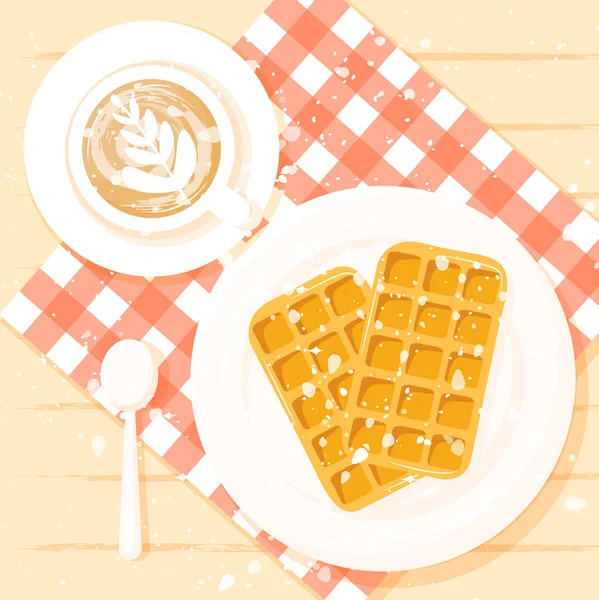 Belgian Waffles Coffee Cup Vector Illustration Flat Cartoon Style Top — Stock Vector