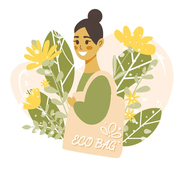 Gelukkig Glimlachende Vrouw Met Eco Tas Vector Illustratie Bloemen Achtergrond — Stockvector