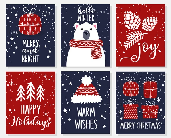Set Christmas Greeting Cards Gift Boxes Polar Bear Christmas Trees — Stock Vector