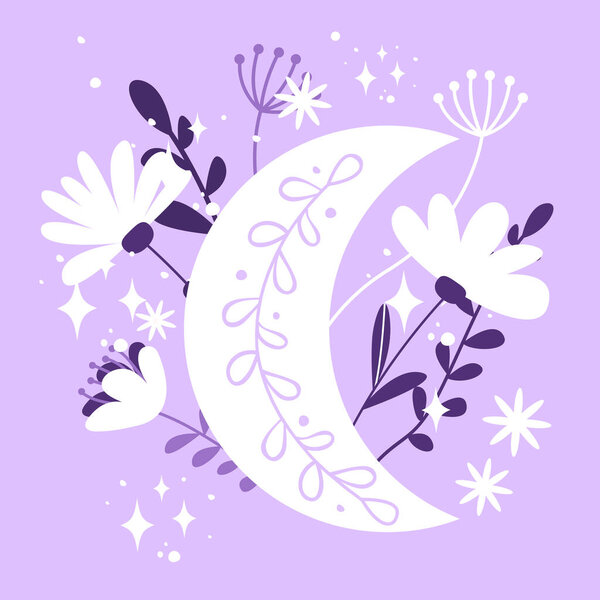 Cute floral crescent moon vector illustration isolated on purple background. Decorative element for kids textile, cards, baby nursery poster. Hand drawn cartoon style