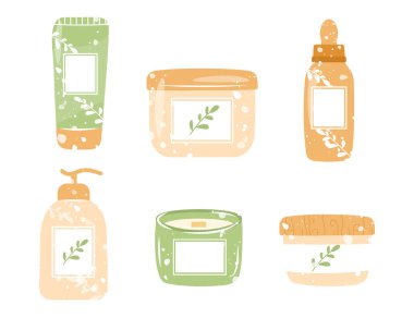 El yapımı doğal kozmetik paketleri - yüz ve vücut kremi kavanozu, şampuan veya duş jeli için şeker şişesi, el kremi, serum ve kokulu mum. Düz çizgi film vektör çizimi