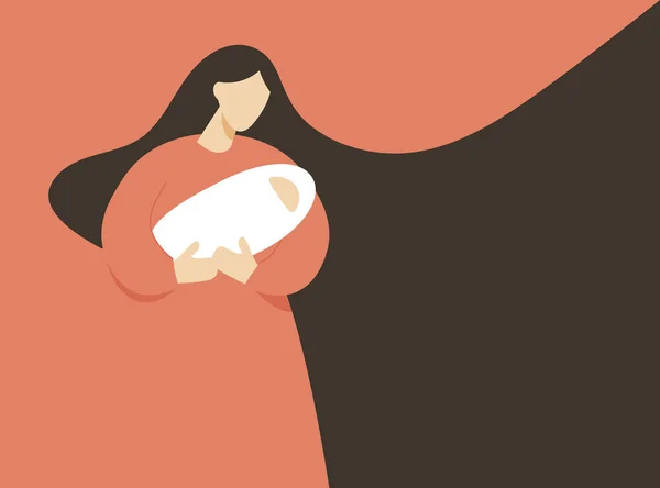 母親は新生児を抱いている 平らな漫画のベクトル文字 バナー 母の日カード ポスターに最適な妊娠と母親の概念 テキストの空のスペース — ストックベクタ