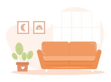 Güzel bir oturma odası. Kanepe, ev bitkisi, tablolar ve pencere. Çizgi film tarzında vektör illüstrasyonu