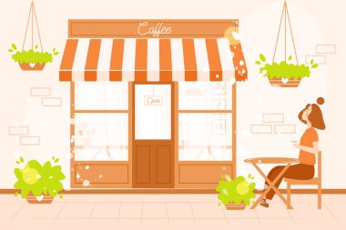 Cozy coffee shop exterior. Happy woman sitting at a table near a cafe spring or summer outside terrace and drinking coffee. Flat cartoon vector illustration