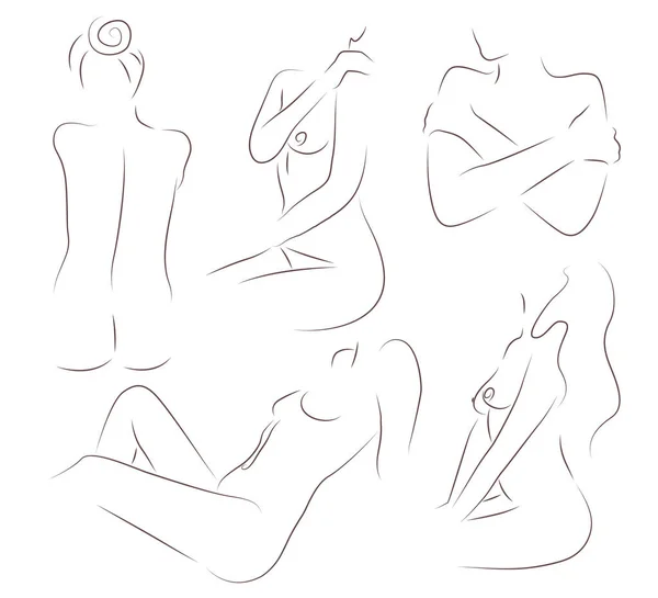 Conjunto Mulheres Nuas Linha Corpo Desenho Silhuetas Ilustração Vetorial Isolada — Vetor de Stock