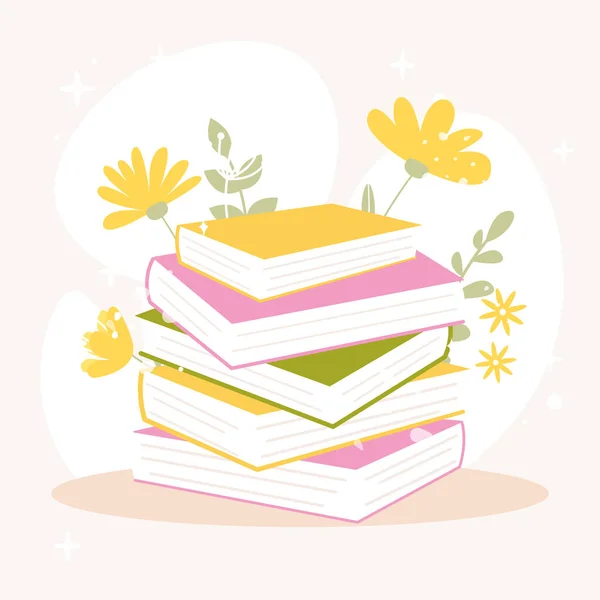 花や葉を背景にカラフルな本のスタック 平漫画風の手描きベクトルイラスト 世界の本の日 読書と教育の概念 — ストックベクタ