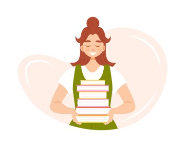 Elinde kitaplarla gülümseyen genç bir kız. Beyaz arkaplanda izole edilmiş düz çizgi film vektör karakteri. Okuma ve eğitim kavramı