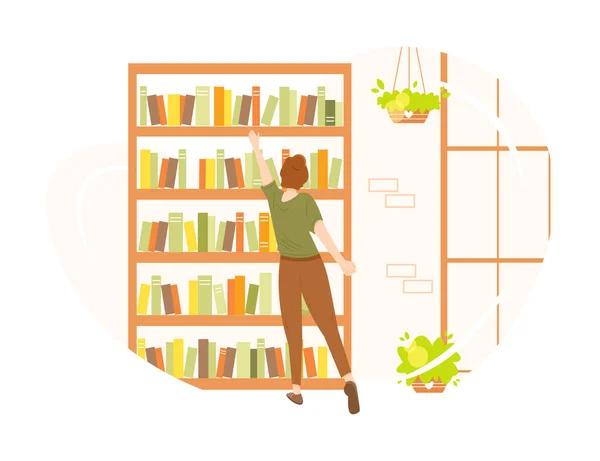 Meisje Dat Een Boek Kiest Een Gezellige Boekwinkel Bibliotheek Vector — Stockvector