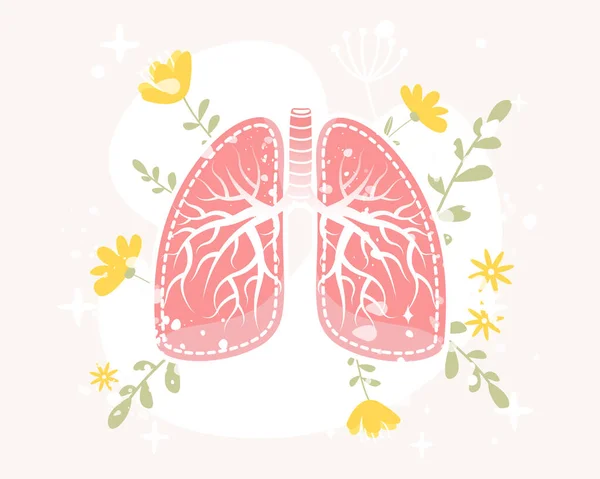 Menschliche Lungen Mit Blüten Und Blättern Vektorillustration Flachen Cartoon Stil — Stockvektor