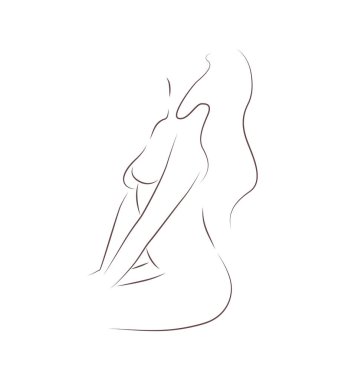 Uzun saçlı, çıplak, güzel bir kadın. Kadın vücut silueti. Beyaz arkaplanda vektör çizimi izole edildi. Minimalist tarzda. Logo, tişört ve çanta izi için mükemmel. Ev dekorasyonu için de.