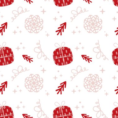 Hediye kutusu, kar tanesi, Noel ağacı ve yaylı kusursuz bir Noel deseni. Beyaz arka planda kış tatili vektör deseni. Kağıt ve tekstil için mükemmel.