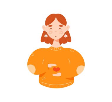 Ellerinde kalbi tutan gülümseyen genç kız. Düz çizgi film tarzında vektör karakter beyaz arkaplanda izole edildi. Sadaka, şefkat, bağış ve gönüllülük kavramı. Kendini sevmek.