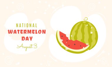 3 Ağustos 'ta Ulusal Karpuz Günü. Çizgi film tarzında vektör illüstrasyonu. Taze karpuz ve dilim. Yatay afiş, poster, web sitesi, el ilanı ve benzeri şeyler için mükemmel.