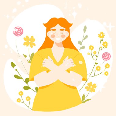 Gülümseyen genç bir kadın kendine sarılıyor. Çizgi film tarzında vektör illüstrasyonu. Kendini sev, kendini kabullen ve vücut pozitifliği kavramı. Çiçek arka planı