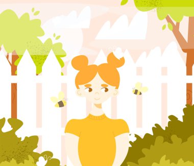 İlkbaharda ya da yaz bahçesinde dikilen sevimli küçük kız. Etrafı arı ve kelebeklerle çevrili. Düz çizgi film tarzında vektör karakter