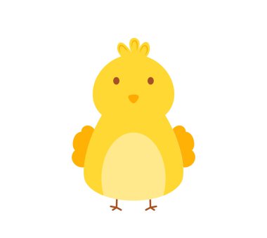 Beyaz arka planda izole edilmiş basit bir Paskalya karikatürü. Komik sevimli bebek tavuk vektör klipsi. Şirin küçük çiftlik hayvanı.