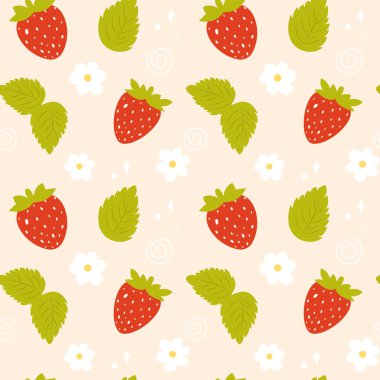 Şirin, dikişsiz çilek deseni. Çilek, çiçek ve yapraklarla elle çizilmiş kusursuz bir şekil. Tekstil, ambalaj kağıdı, arkaplan, duvar kağıdı vs. için mükemmel.