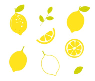 Beyaz arka planda izole edilmiş limon seti. Limon, dilim ve yapraklar. El çizimi düz çizgi film vektörü. Simge, logo ve benzerleri için mükemmel