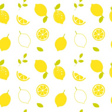 Limonlu, limonlu, dilimsiz, dallı. Yaz meyvesi vektörü pürüzsüz desen. Arka plan için mükemmel, mutfak tekstili, kumaş, ambalaj, ambalaj kağıdı vesaire.